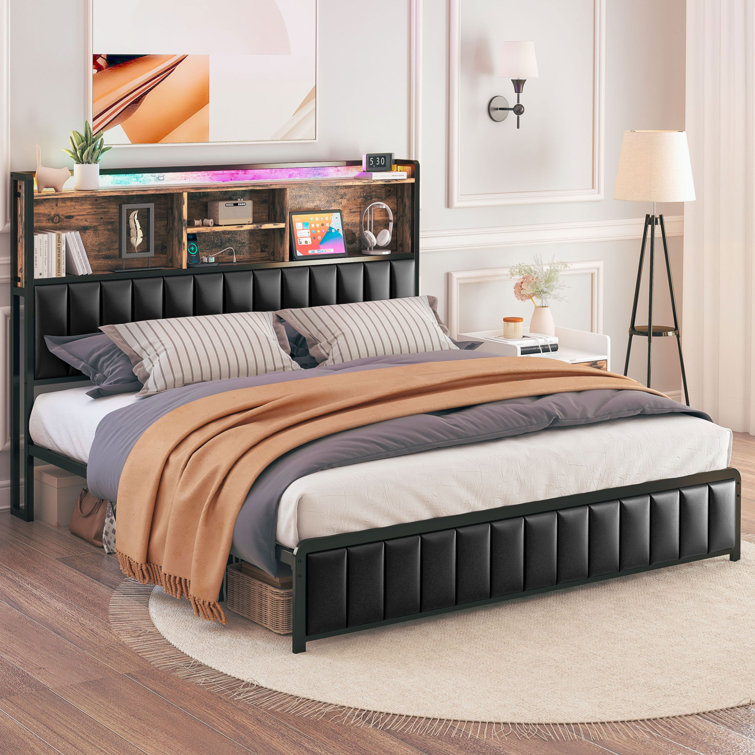 Platform Bed Frame with Upholstered Bookcase Headboard and LED Light